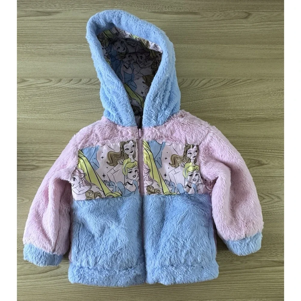 Disney Princess Reversible Puffer Jacket Girls 2T Pink Blue Faux Fur Hooded Coat